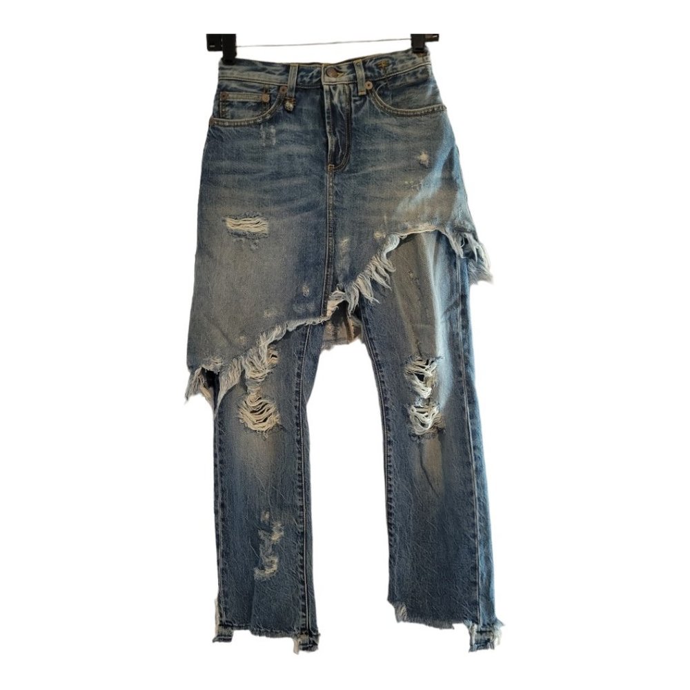 R13 Blue Distressed Straight Leg Jeans with Skirt Overlay